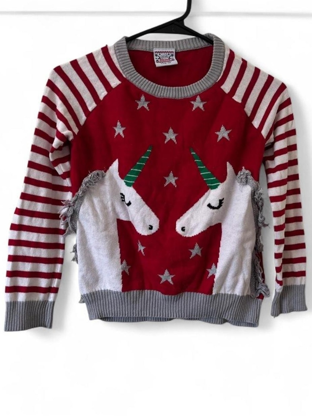 Well Worn Red Sweater with Gray Striped Raglan Sleeves